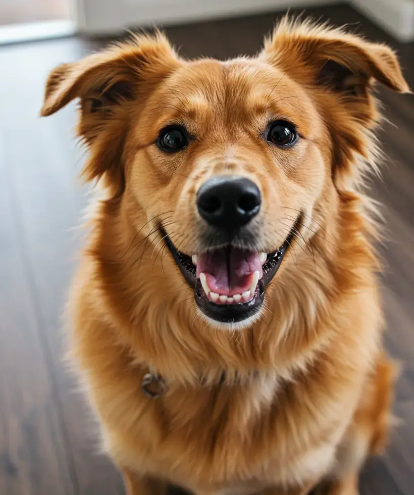 Golden retriever smiling at the vet