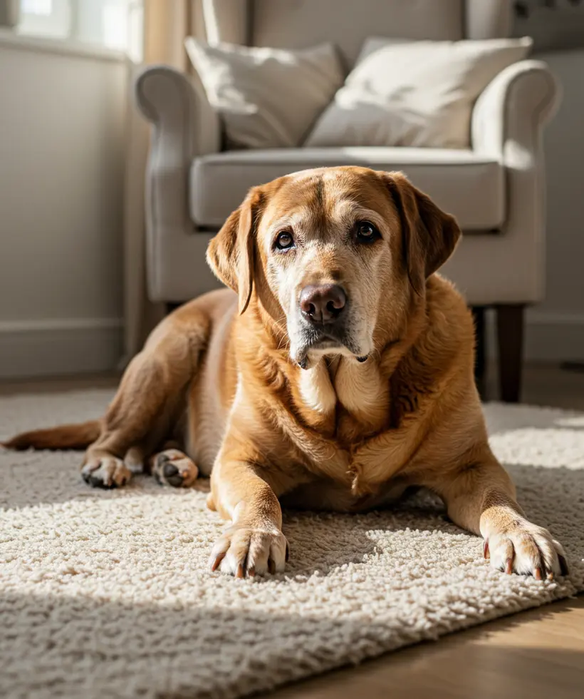 Brown dog laying on a rug in a living room