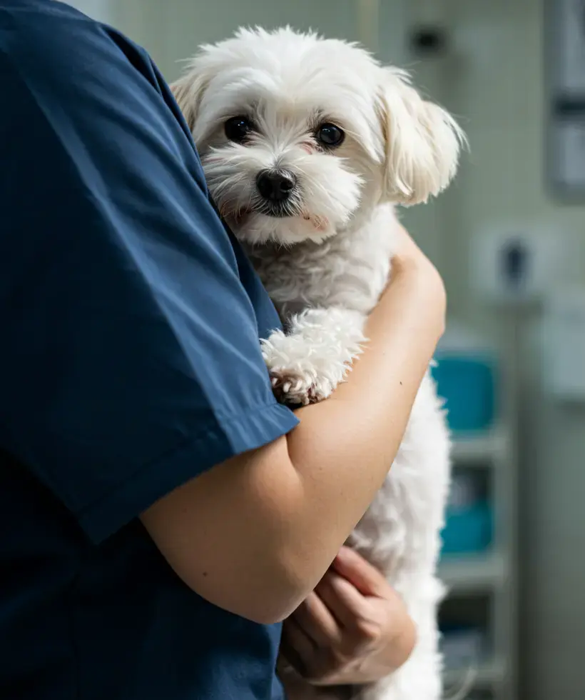 Small white dog being held by a vet