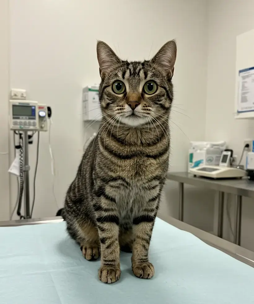Tabby cat sitting on an exam table