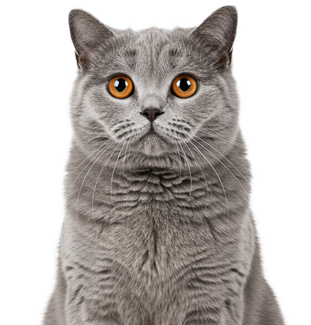 Gray British Shorthair cat with orange eyes