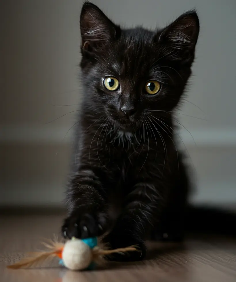 Black kitten playing with a toy in a dark room