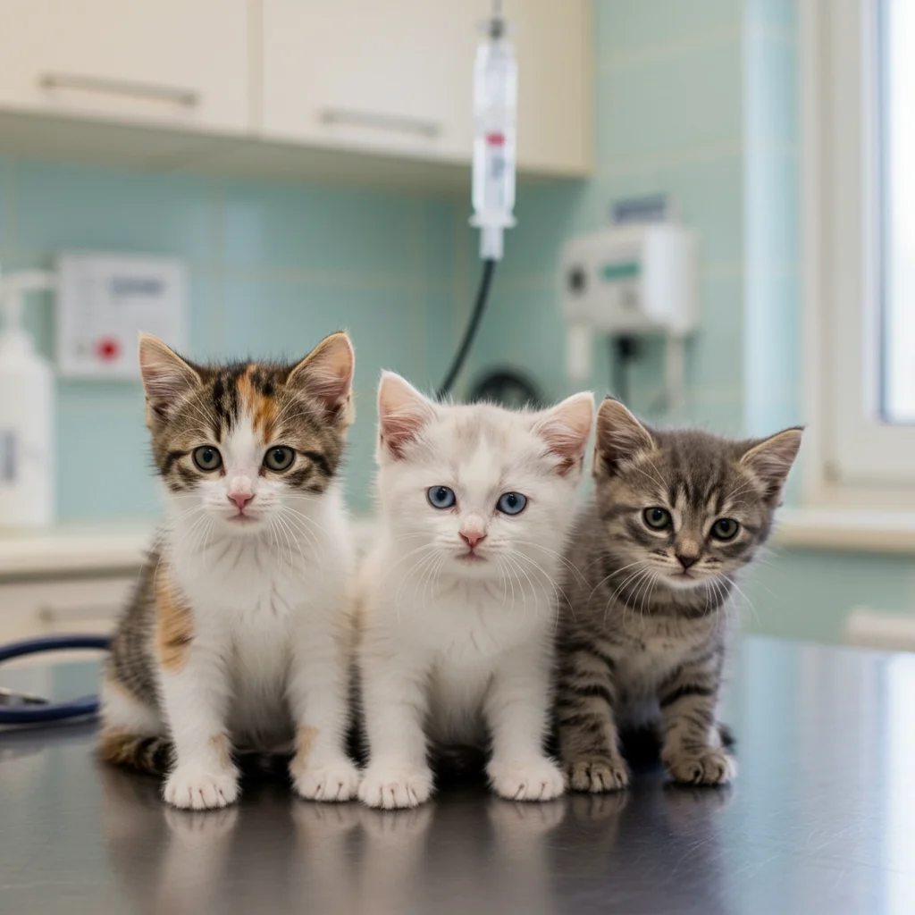 Three kittens sitting on a vet exam table