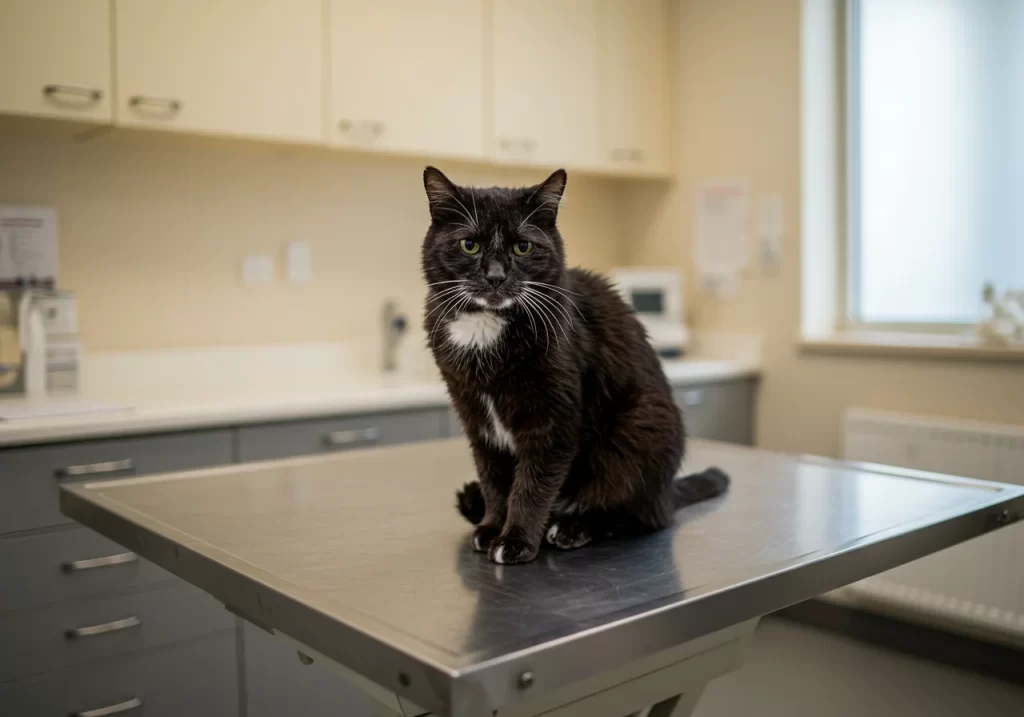 Black cat sitting on a vet exam table