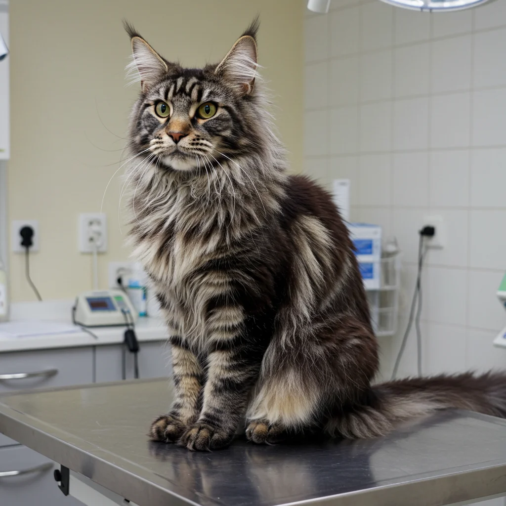 Maine Coon cat sitting on a vet exam table