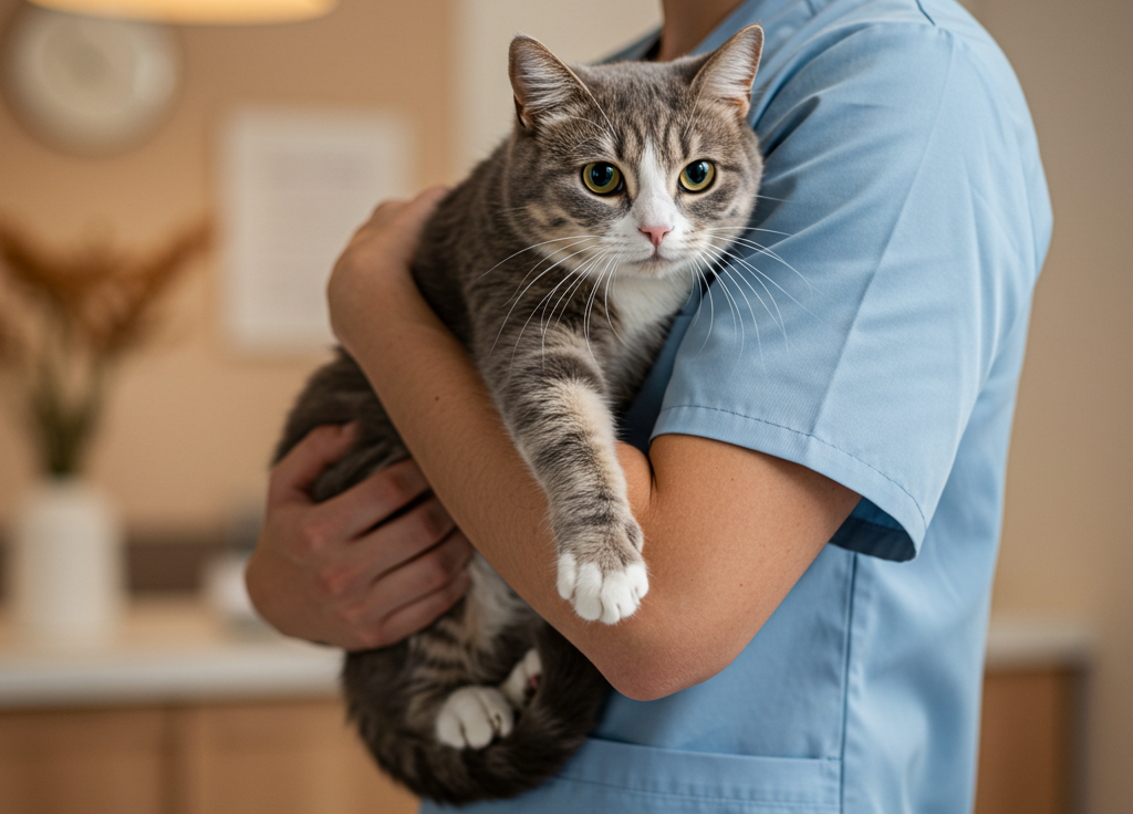 Vet holding a gray and white cat