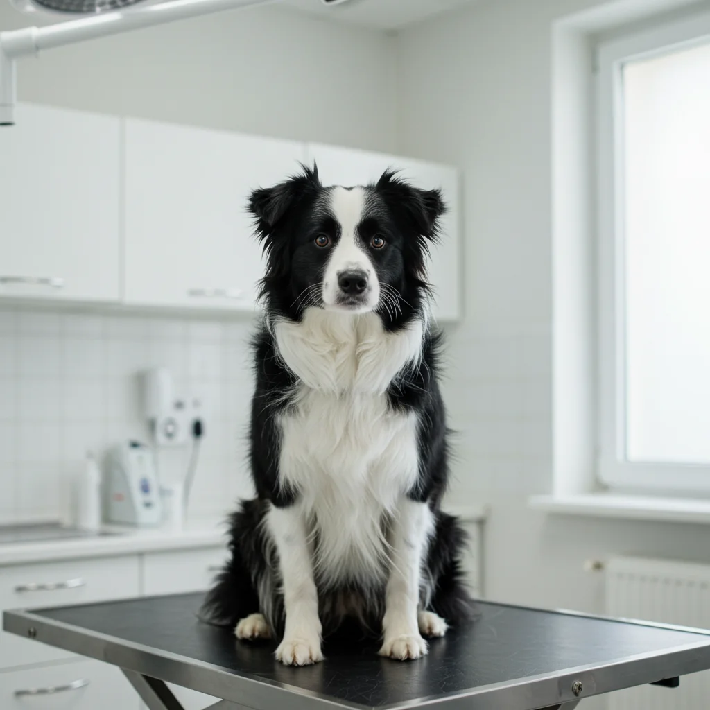 Border Collie dog sitting on a vet exam table in a clinic