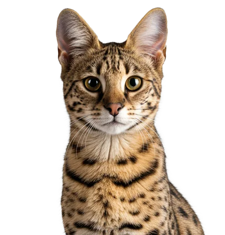 Savannah cat with spotted fur on white background