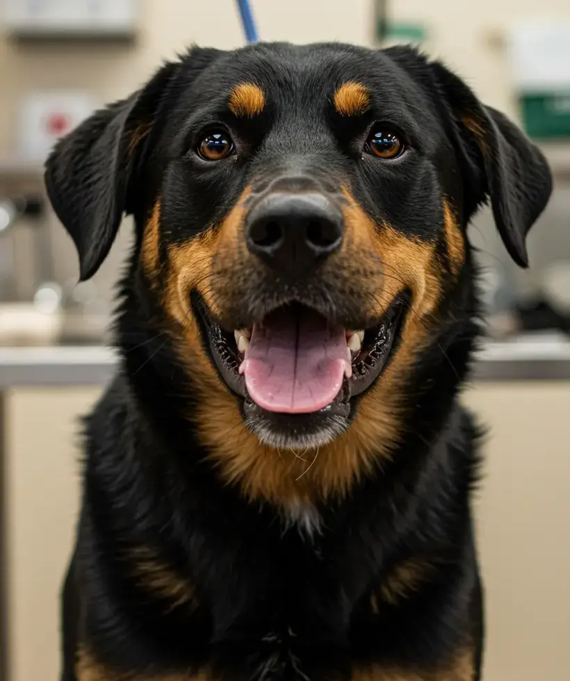 Rottweiler dog with tongue out looking happy